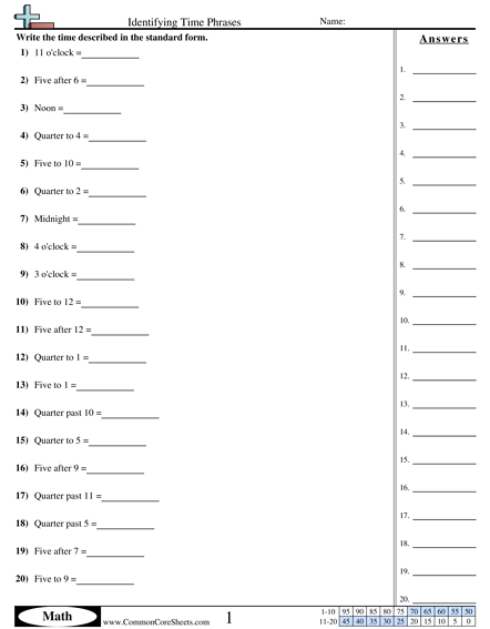 Time Worksheets - Identifying Time Phrases worksheet